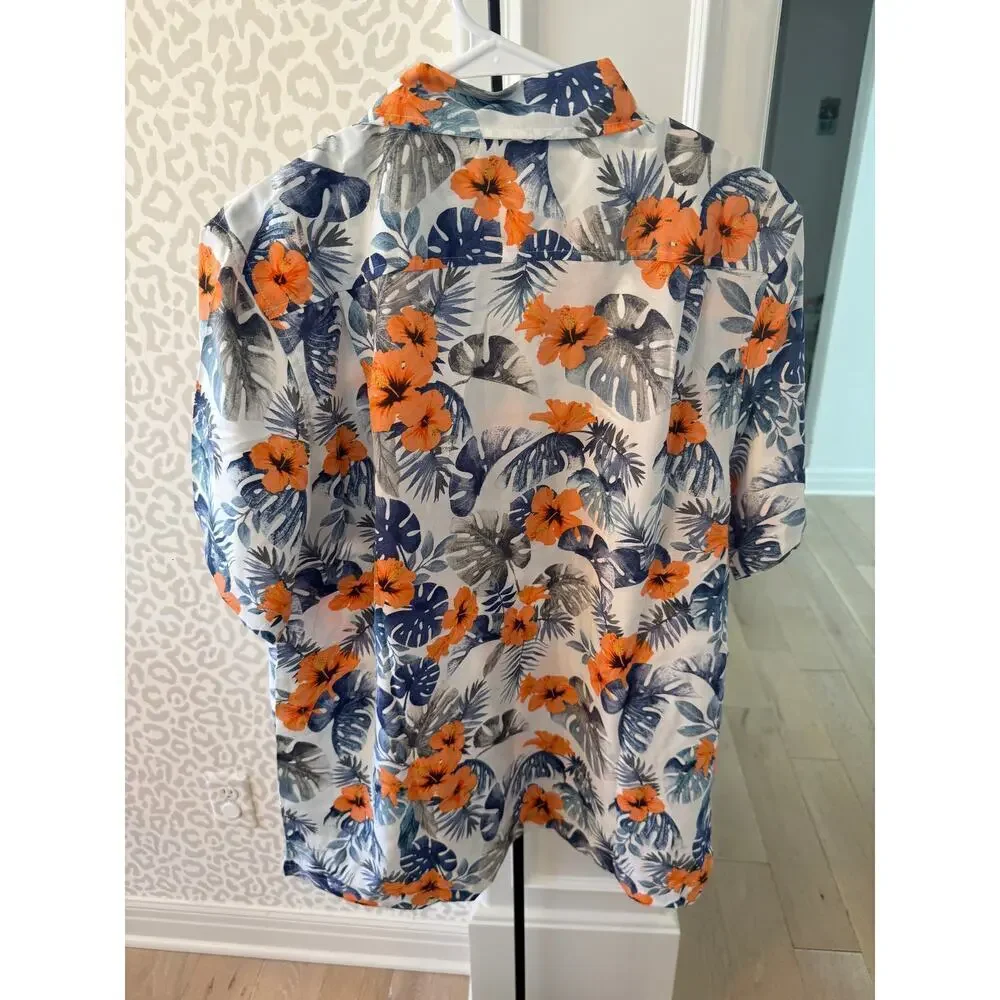 Havana Jim Men's White Blue Floral-Print Hawaiian Shirt Size M